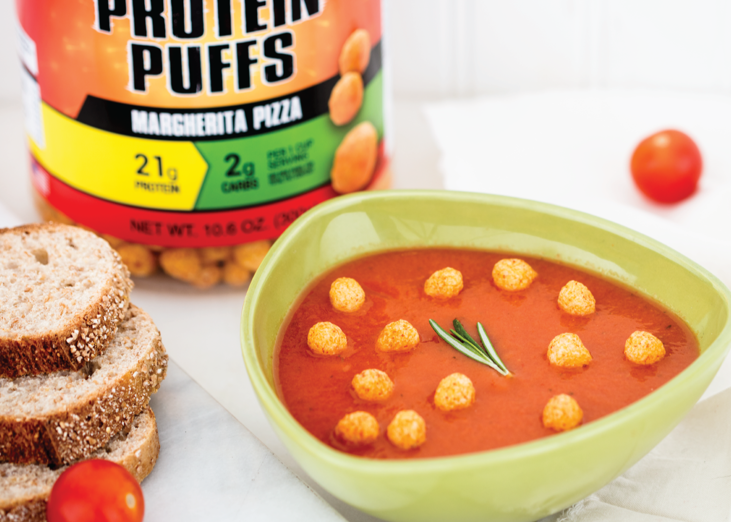 Margherita Pizza Protein Puffs in a Soup Bowl as a Topper