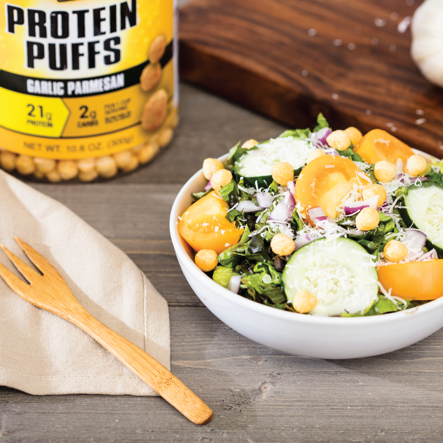 Garlic Parmesan Protein Puffs in a Salad Bowl as a Topping