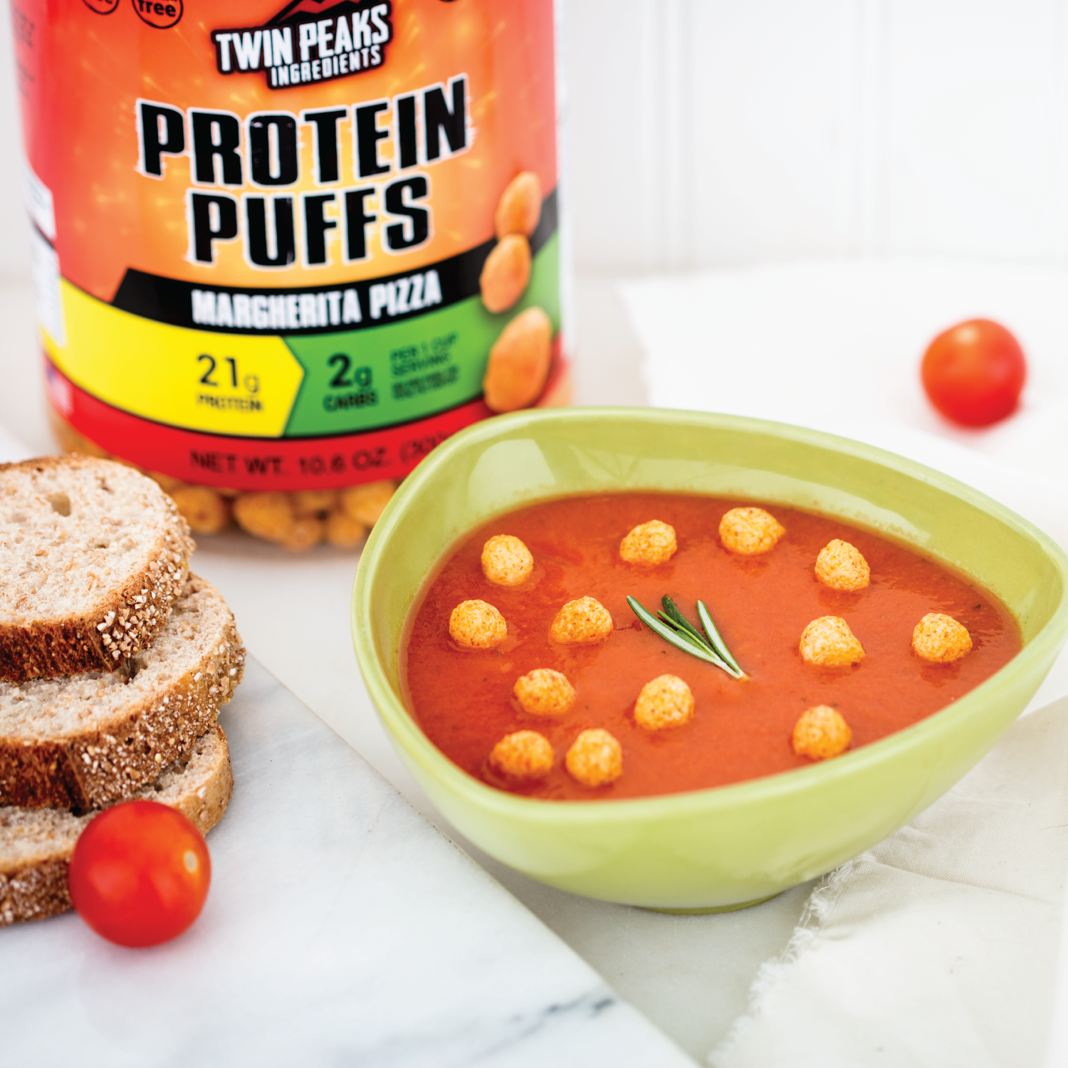 Margherita Pizza Protein Puffs in a Soup Bowl as a Topper