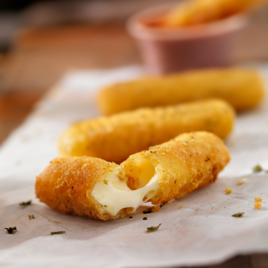 Mozzarella Sticks with Protein Puffs used as the breadcrumb 