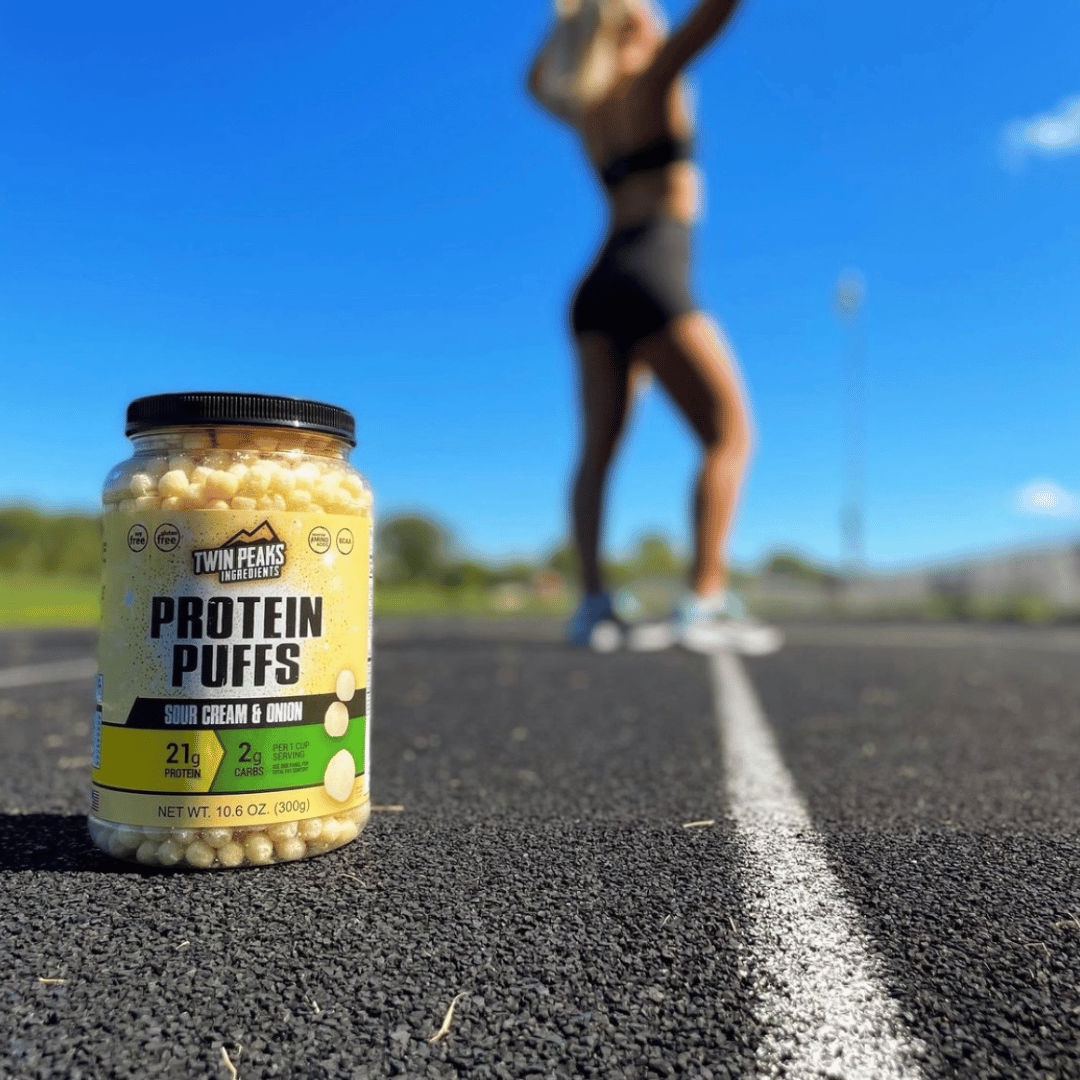 Protein Puff Jug with a girl blurred in the background