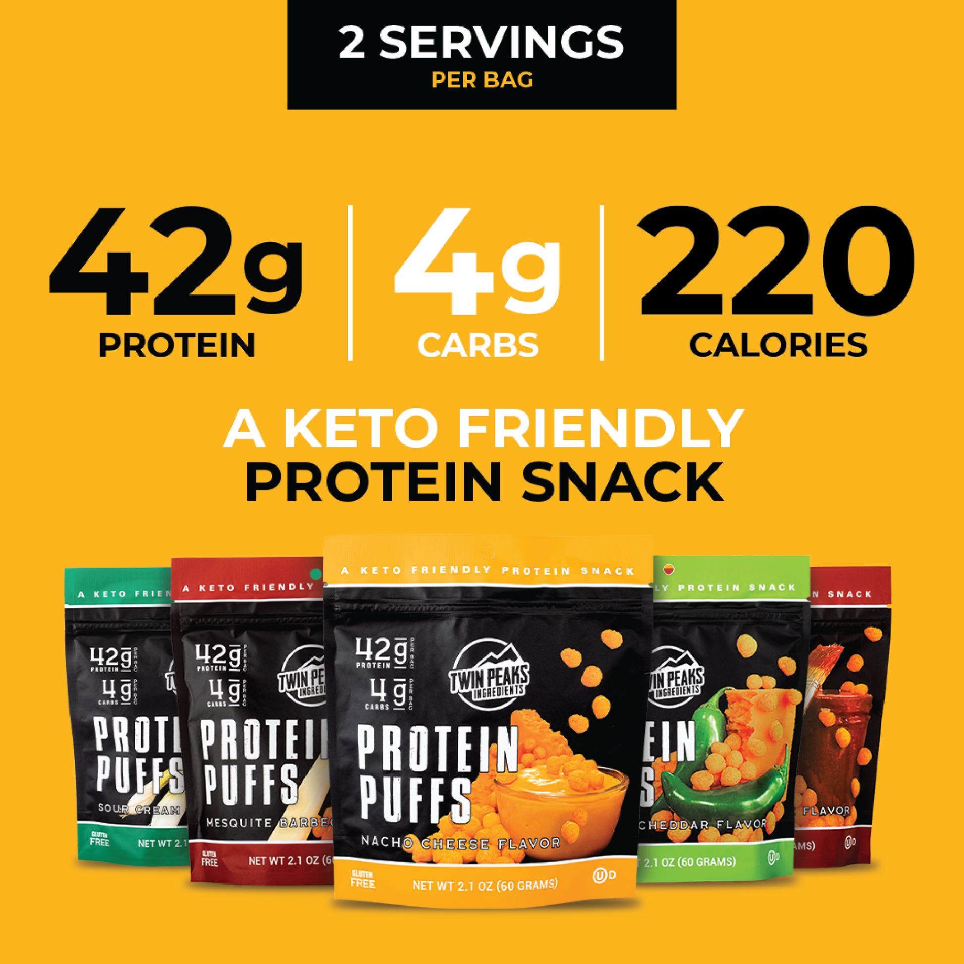 Macros - 42 grams protein, 4 grams carbs, 220 calories per bag