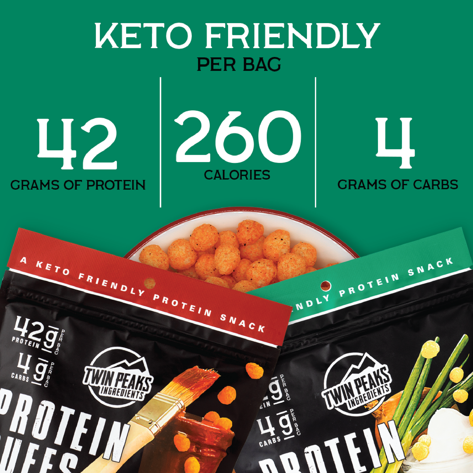 Macros - 42 grams protein, 260 calories, 4 grams carbs per bag
